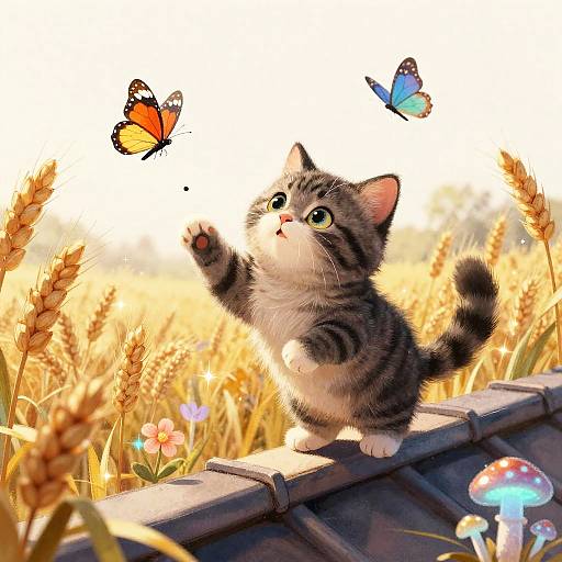 Adorable gray tabby kitten with wide eyes, standing on a roof, reaches up at colorful butterflies in a sunlit wheat field with mushrooms. Digital