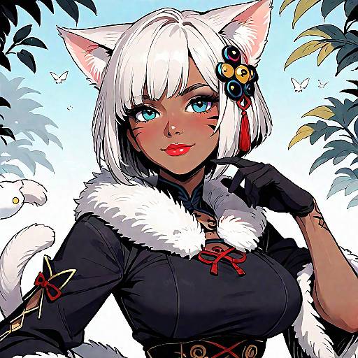 Dark-Skinned Miqo'te Catgirl White-Haired Portrait