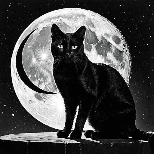 Noir Photoreal Black Cat with Moon