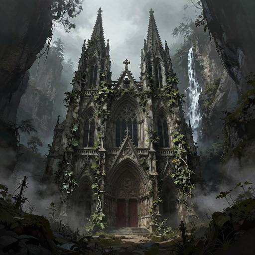 Gothic Cathedral in Misty Ravine