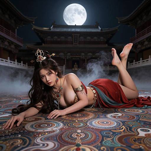 Digital artwork of an East Asian woman with long black hair, lying on ornate patterned tiles, wearing a red skirt and gold jewelry, under a