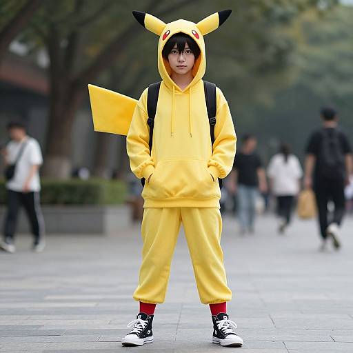 Photograph of a young person in a Pikachu costume, yellow hoodie and pants, black shoes, backpack, standing on a city street.