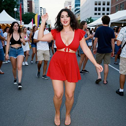 Photograph of a curvy woman with medium skin tone, black curly hair, wearing a red, low-cut, short dress, and beige heels,