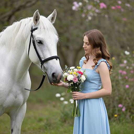 Photograph of a fair-skinned woman with long brown hair in a light blue dress, holding a bouquet, standing beside a white horse in a lush