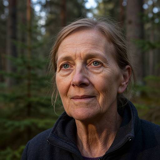 Photograph of an older woman with fair skin, blue eyes, and light brown hair in a forest, wearing a black jacket, smiling softly.