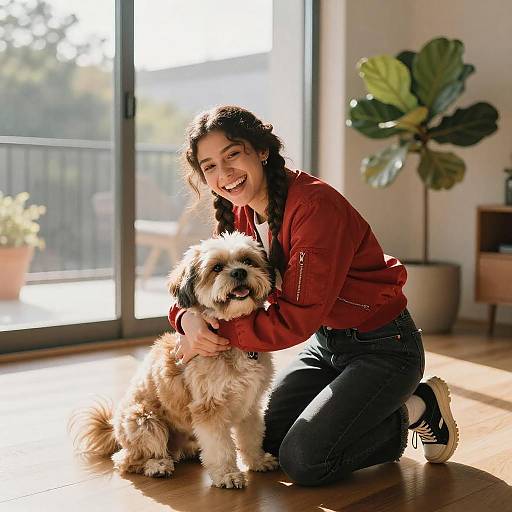 Young Woman Hugging Shih Tzu Dog Indoors
