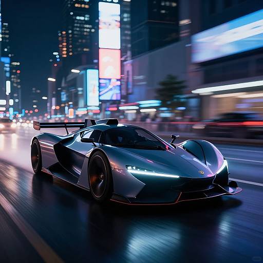Photographic CGI of a sleek, silver, low-slung sports car with glowing headlights speeding through a vibrant, neon-lit city street at night.