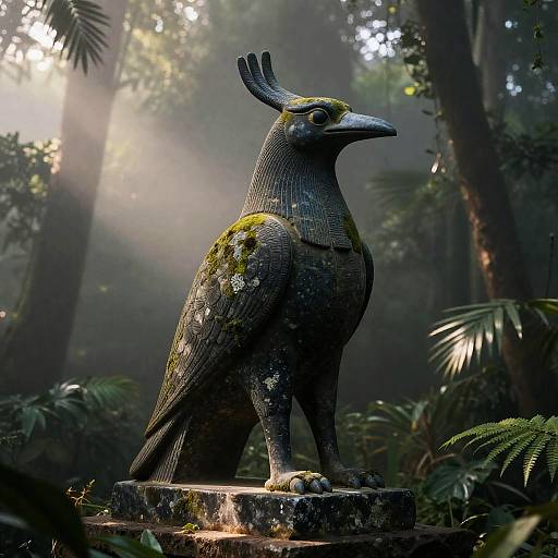 Engraved Thoth Statue in Misty Jungle