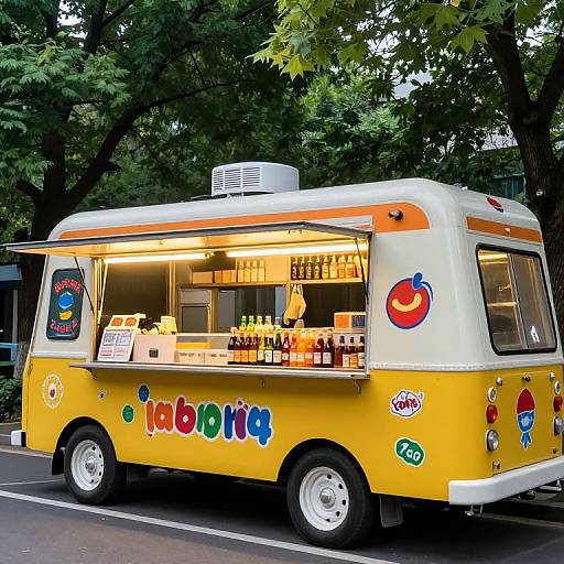 Vibrant Food Truck on Tree-Lined Street