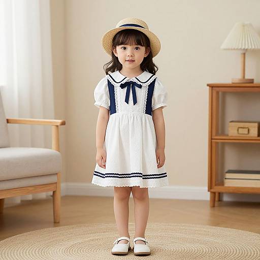 Photograph of a young Asian girl with straight black hair, wearing a white sailor dress, blue ribbon, straw hat, and white shoes, standing in