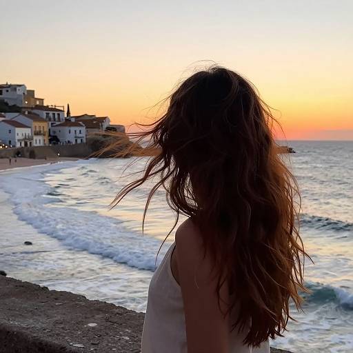 Photograph of a silhouette of a woman with long, wavy brown hair standing on a rocky beach at sunset, with waves and coastal buildings in the