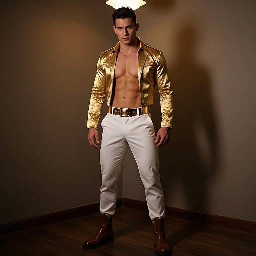 Confident Man in Gold and White Outfit