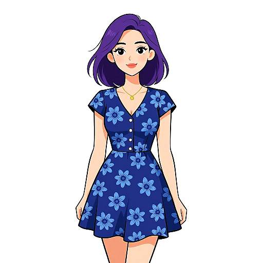 Digital anime-style illustration of a smiling woman with purple hair, wearing a blue floral dress, gold necklace, standing against a white background.