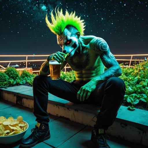 Neon Mohawk Man Drinking Beer on Rooftop Garden