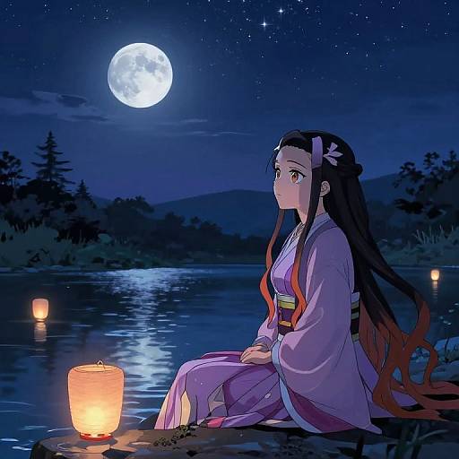 Anime-style digital illustration of a woman in a purple kimono sitting by a moonlit lake, illuminated by a lantern. Stars dot the night sky,