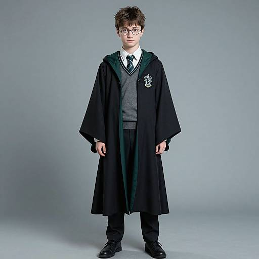 Photograph of a young boy with glasses, wearing a Hogwarts robe, grey sweater, black tie, and black pants, standing against a grey background.
