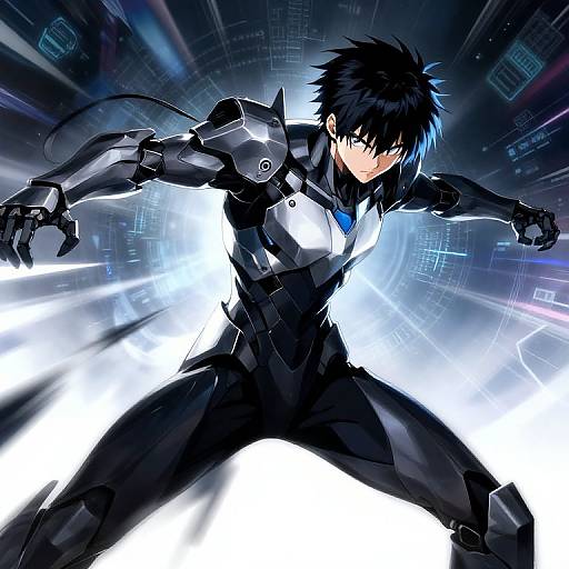 Digital anime-style illustration of a black-haired, blue-eyed, cybernetic warrior in a black and white futuristic suit, poised in a dynamic attack pose
