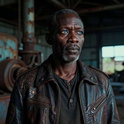 Photograph of a serious, middle-aged Black man with blue eyes, short gray beard, wearing a black polo and worn leather jacket, standing in a