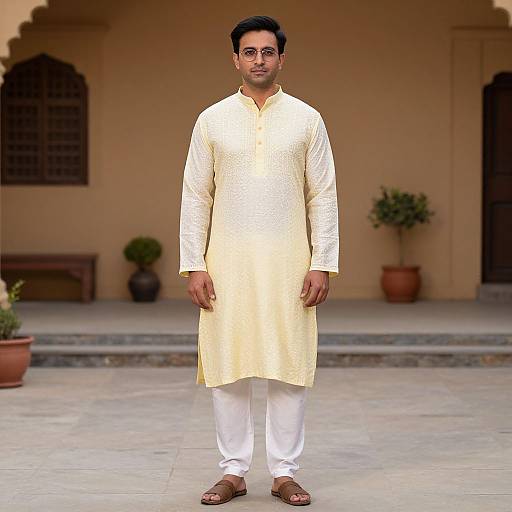 Man in Stylish Yellow White Kurta