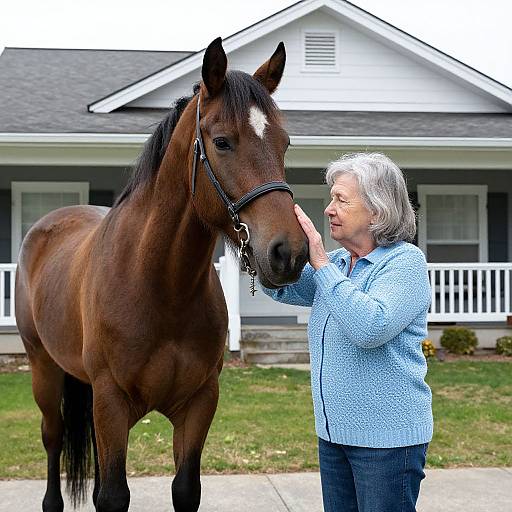 Photograph of an older woman with gray hair, wearing a light blue sweater, gently touching the forehead of a brown horse with a white blaze, in
