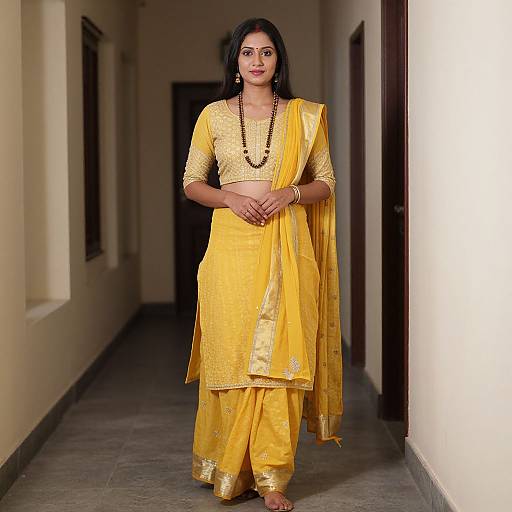 Photograph of an Indian woman in a bright yellow traditional saree, standing in a dimly lit hallway, wearing gold jewelry and a black bead necklace