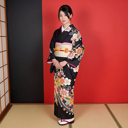 Photograph of a Japanese woman in a black floral kimono with pink obi, standing against a red and black wall, on tatami mat flooring