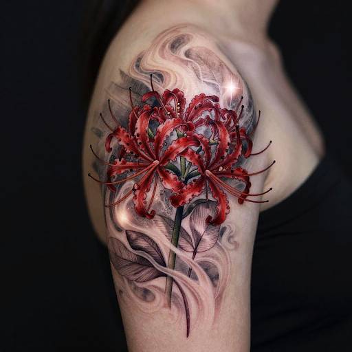 Photograph of a detailed, vibrant tattoo on a person's shoulder featuring red, stylized flowers with swirling, shadowy backgrounds and highlights.