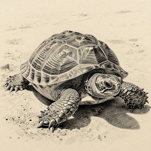 Detailed black-and-white pen sketch of a turtle with intricate shell patterns and textured limbs, positioned on a sandy surface.