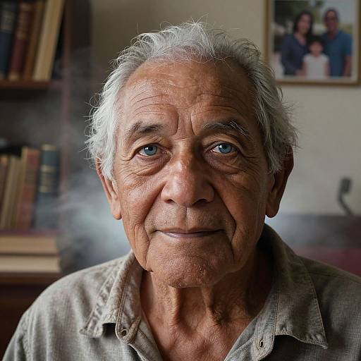 Photograph of an elderly man with wrinkled skin, gray hair, blue eyes, wearing a gray button-up shirt, against a blurred bookshelf background