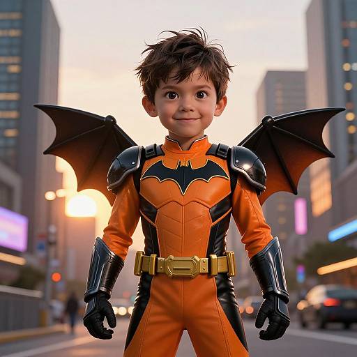 Photograph of a young boy in a Batboy costume with bat wings, standing confidently in a city street at sunset.