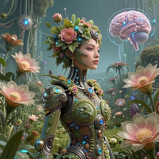 Digital artwork of a cybernetic woman with floral headpiece, glowing circuits, and blue gemstones, standing in a futuristic, bioluminescent