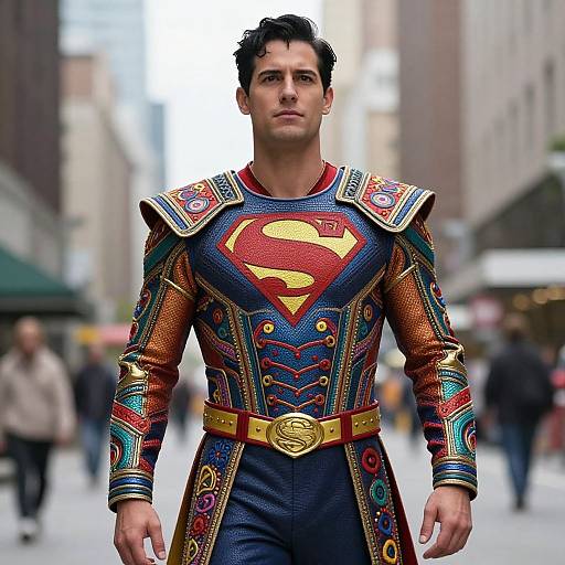 Photorealistic digital image of a muscular man in a vibrant, detailed Superman costume with colorful patterns, standing confidently in a blurred urban street.
