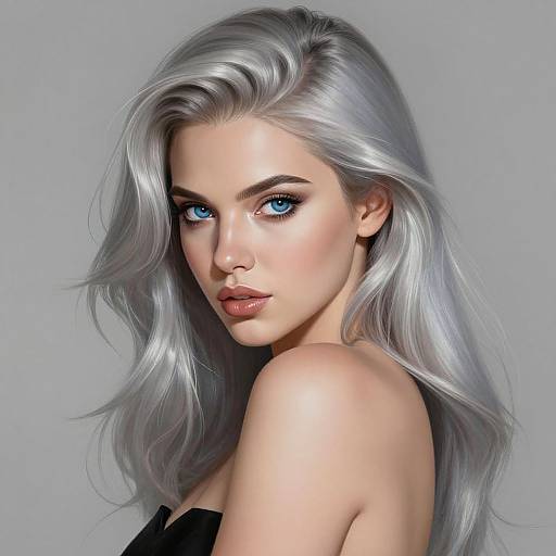 Digital artwork of a stunning woman with silver hair, blue eyes, and fair skin, wearing a black top, looking seductively at the camera.