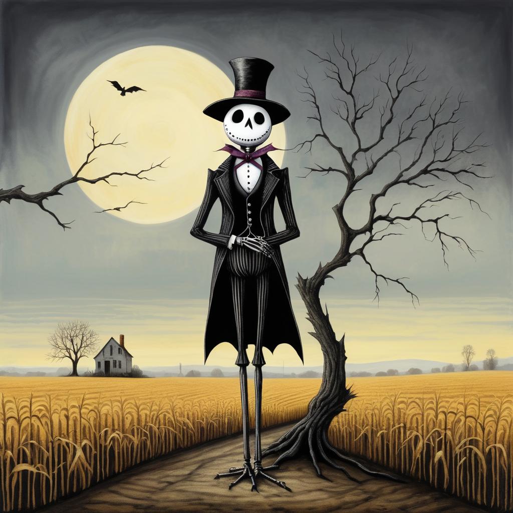 Whimsical Scarecrow in Eerie Cornfield