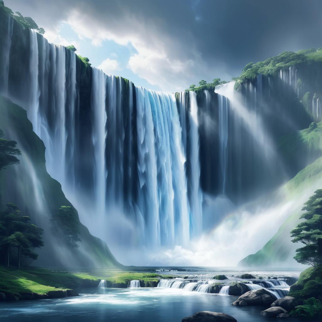 Dramatic Waterfall Under Gray Clouds