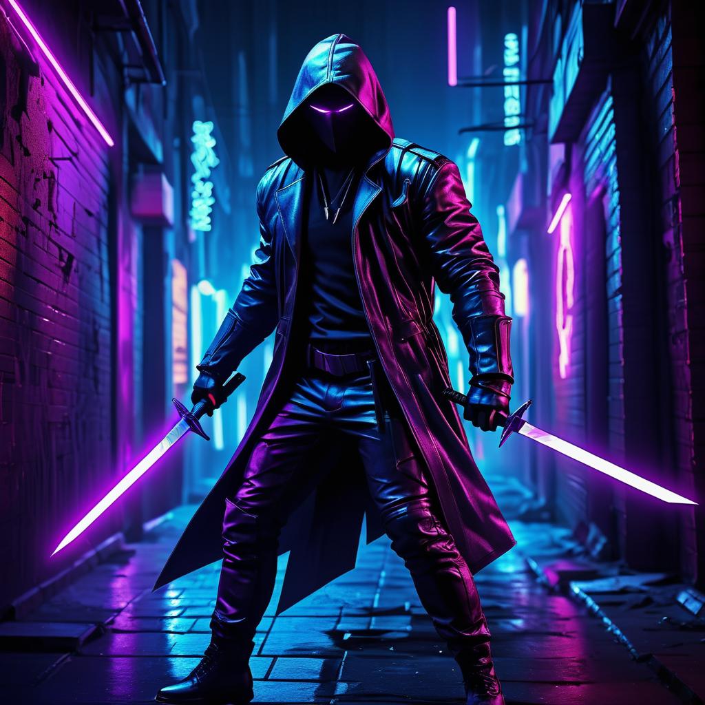 Stealthy Assassin in Neon Urban Nightscape