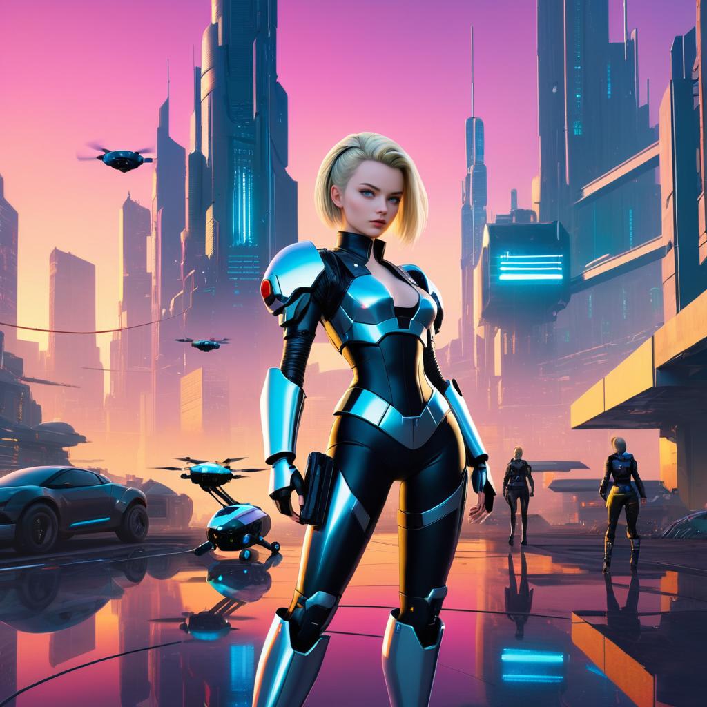 Futuristic Android 18 in Cyberpunk City