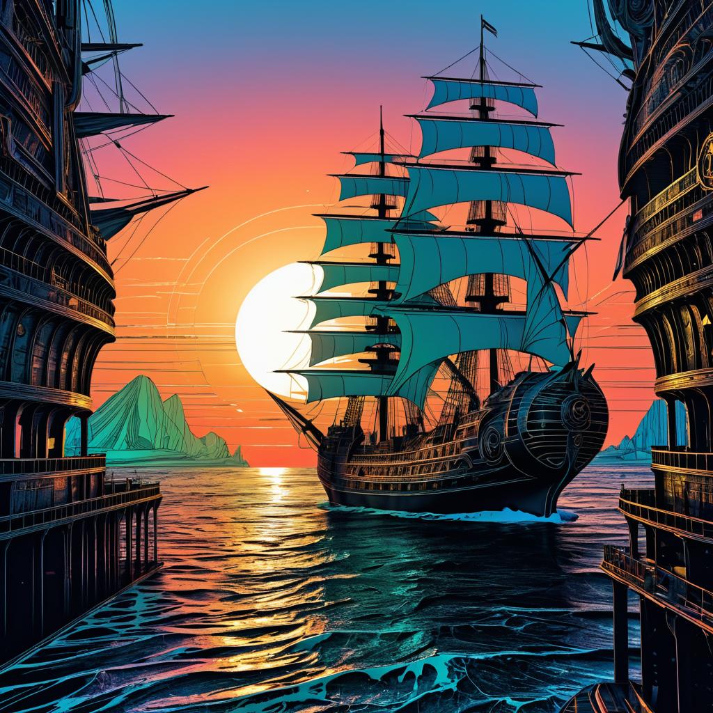 Intricate Fantasy Ship at Sunset Art