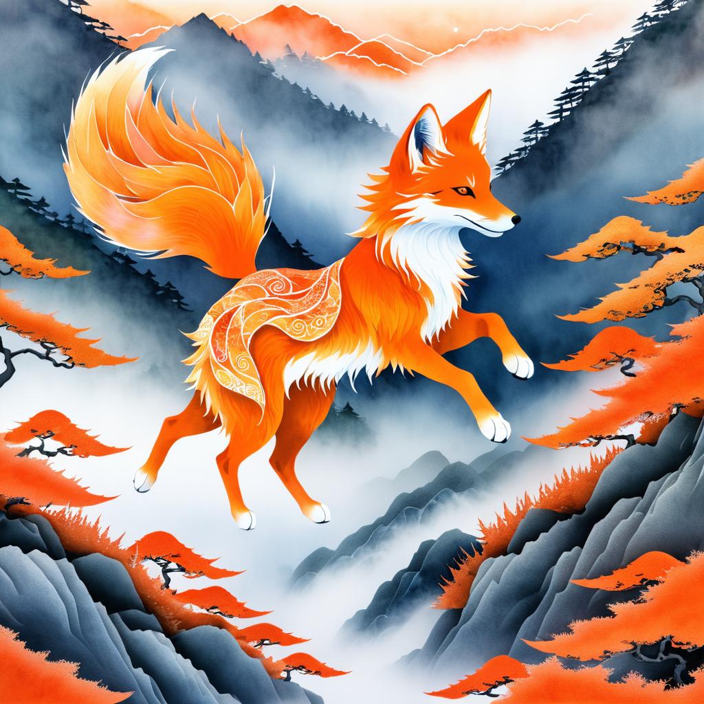 Magical Dancing Kitsune in Foggy Mountains