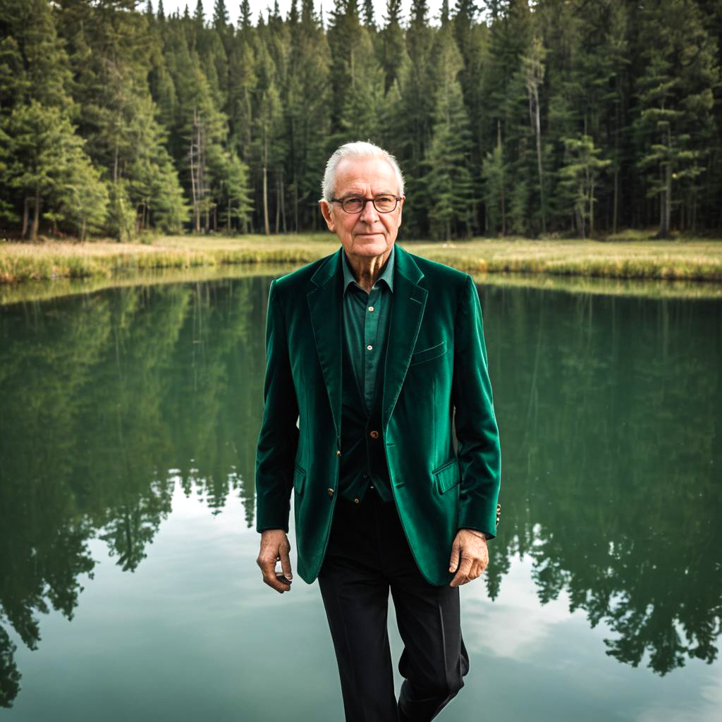 Elegant Retiree Strolling by the Lake