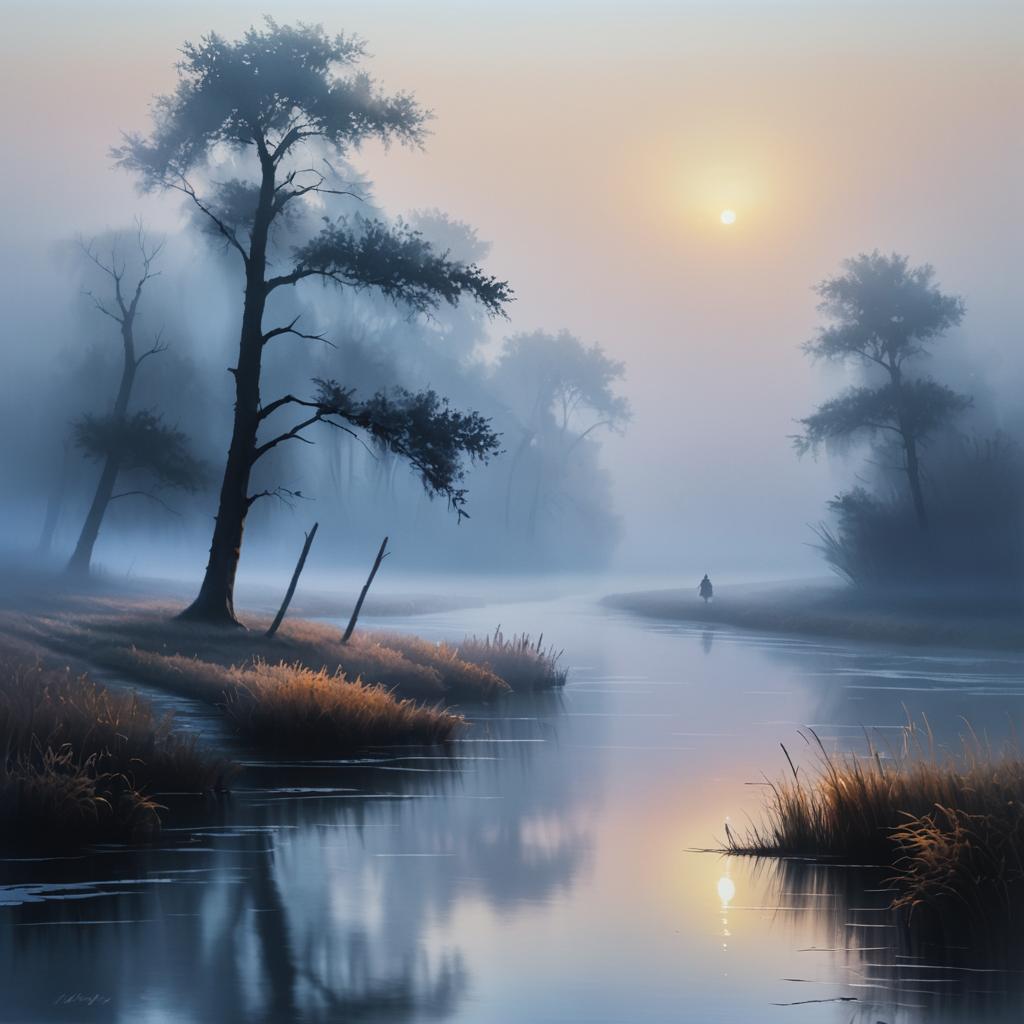 Enchanting Dawn by the Foggy River