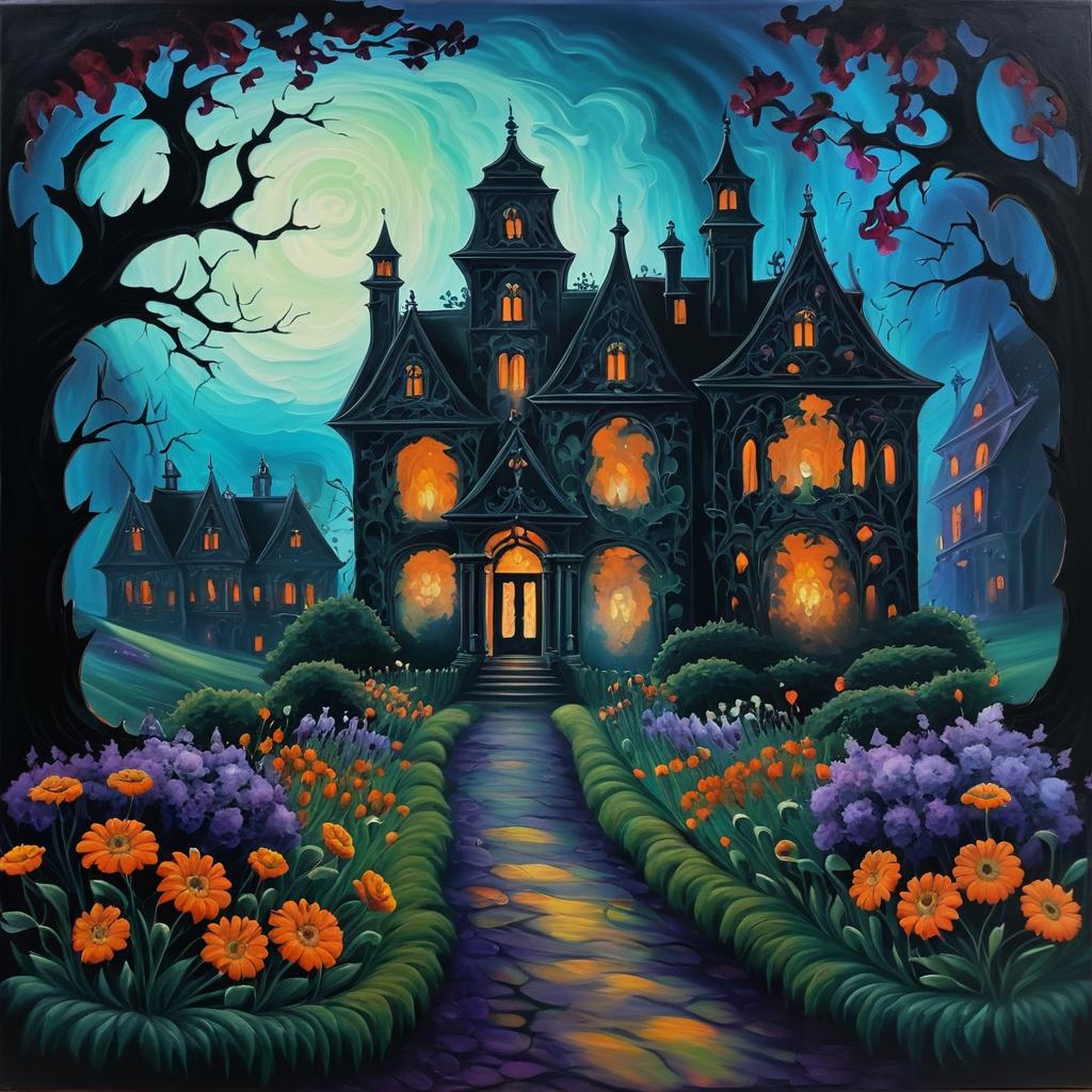 Haunted Village with Floral Border Artwork