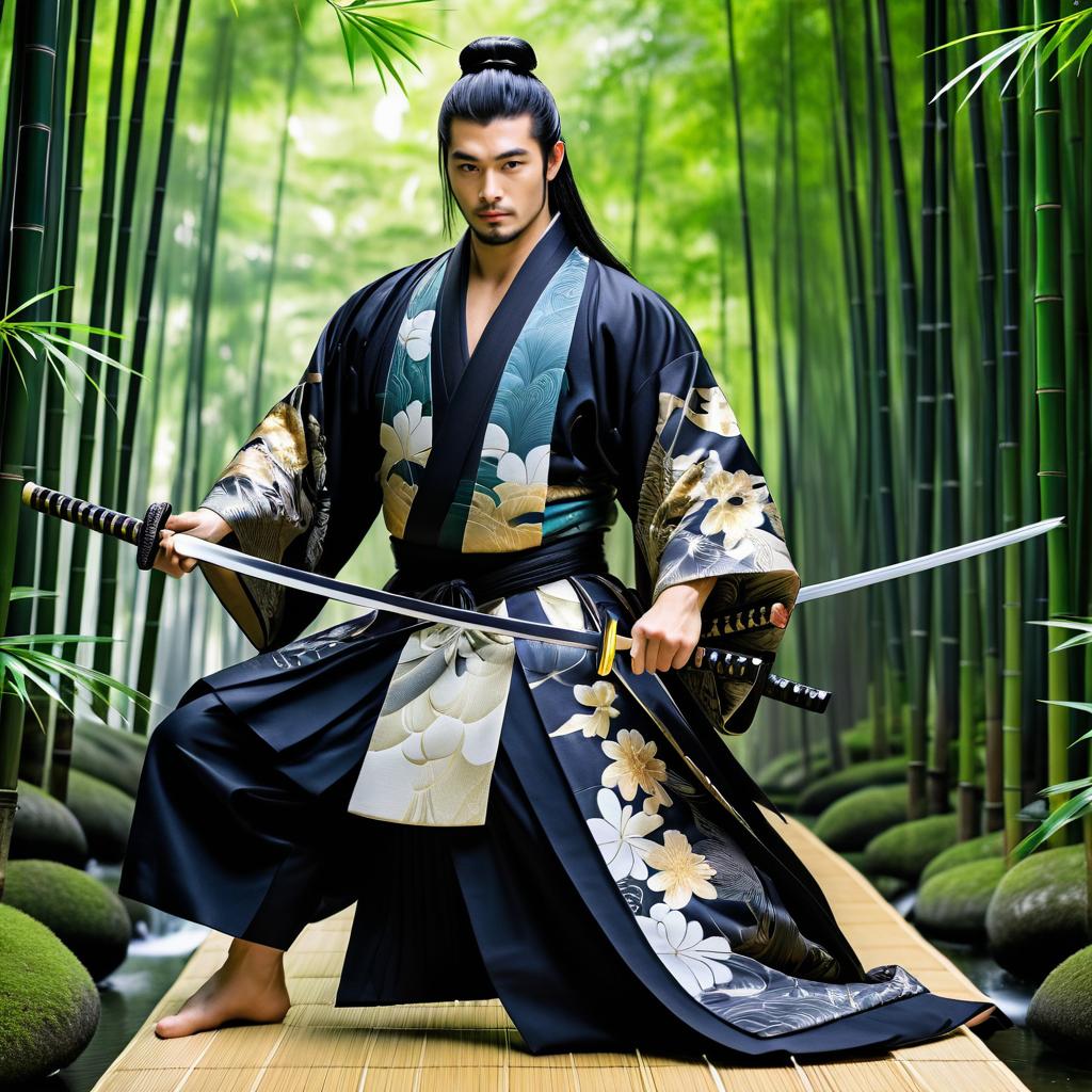 Elegant Samurai Warrior in Bamboo Forest