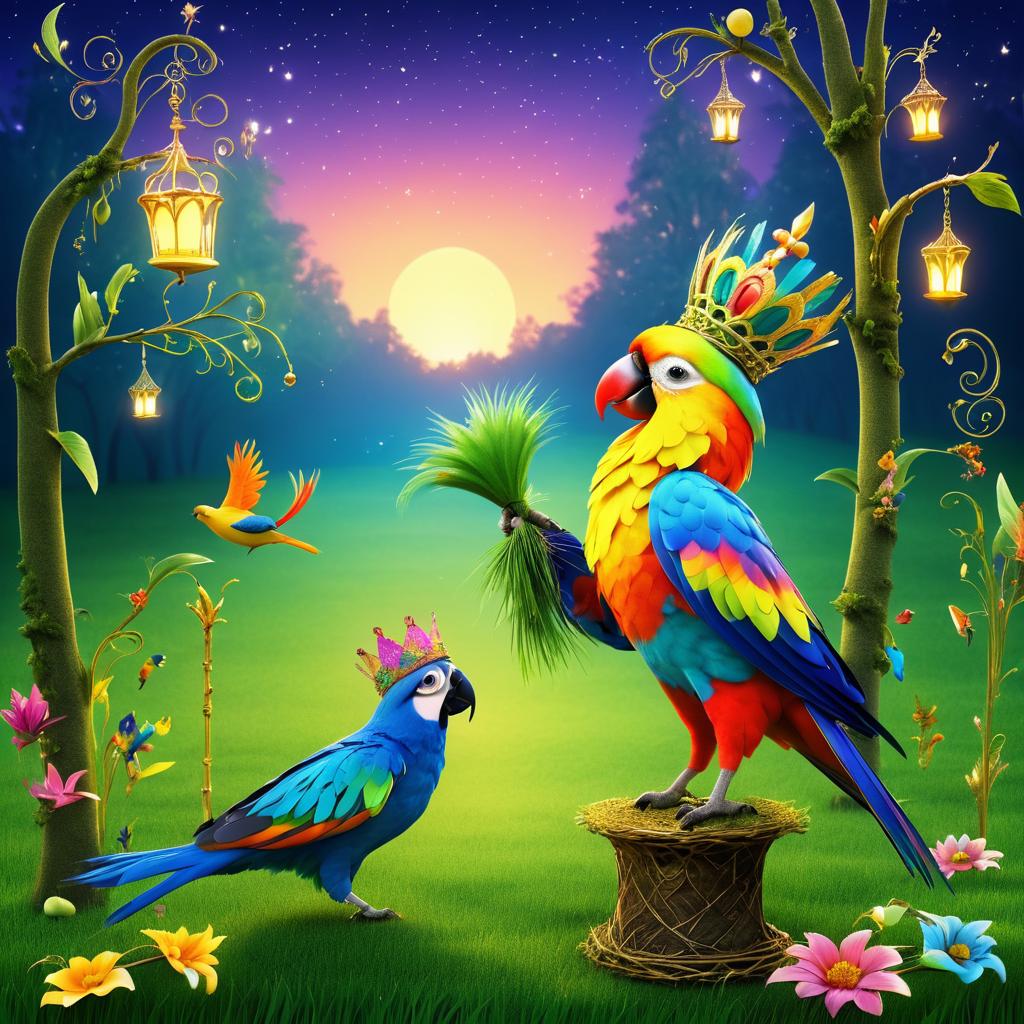 Whimsical Parrot in Twilight Meadow