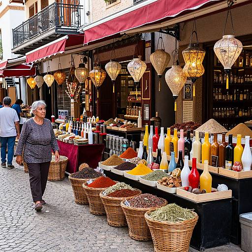 Photograph of a bustling outdoor market stall with wicker baskets of spices, hanging ornate lamps, and colorful bottles, an elderly woman in a pattern