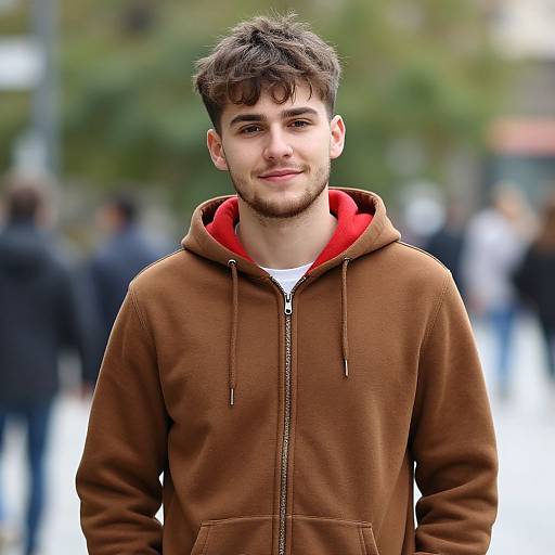 Young man with short brown hair, light stubble, wearing brown hoodie over red shirt, smiling subtly, blurred city background. Photographic portrait.