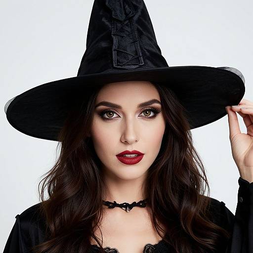 Photograph of a pale-skinned woman with dark brown hair, wearing a black witch hat, black choker, and red lipstick, against a white