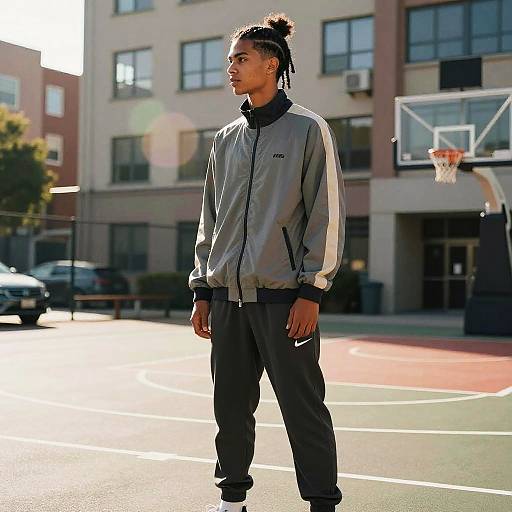 Photograph of a Black man with braided hair, wearing a gray tracksuit and black pants, standing on a sunlit outdoor basketball court with a