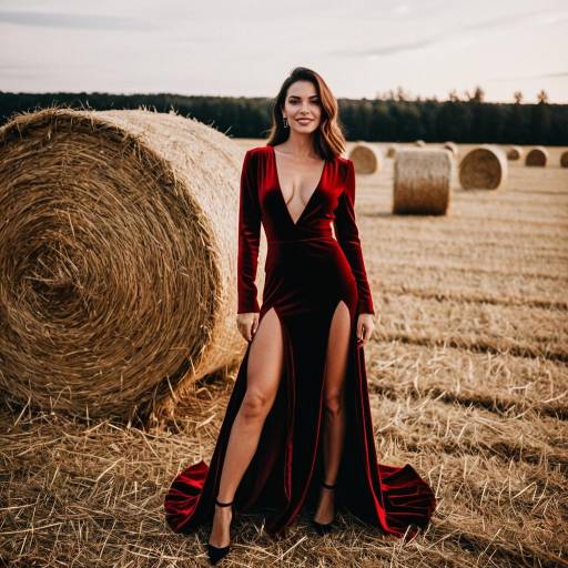 Woman in Red Velvet Dress in Hayfield