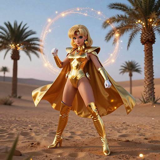 CGI image of a blonde, blue-eyed, anime-style woman in gold armor and boots, casting a glowing magical circle in a desert with palm trees